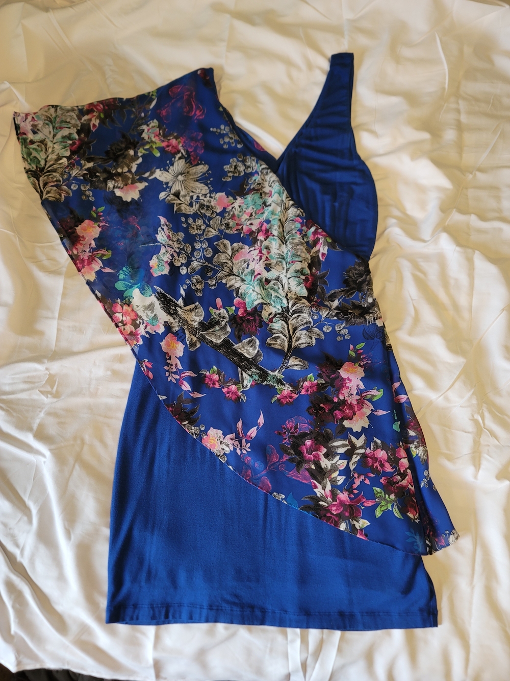 Bebe Blue Floral Wrap-Accent Sleeveless Dress L.